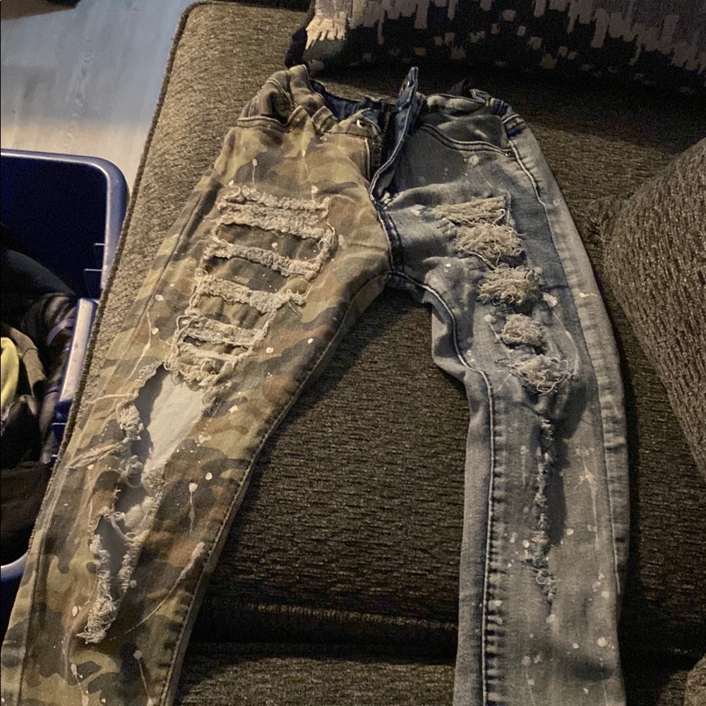 Men's Camouflage and Blue Distressed Jeans